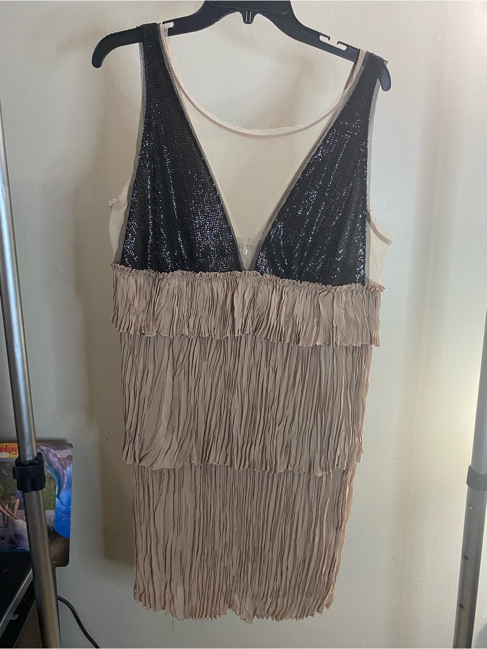 BCBGMaxAzria Black and Beige Tiered Fringe Sequin Dress